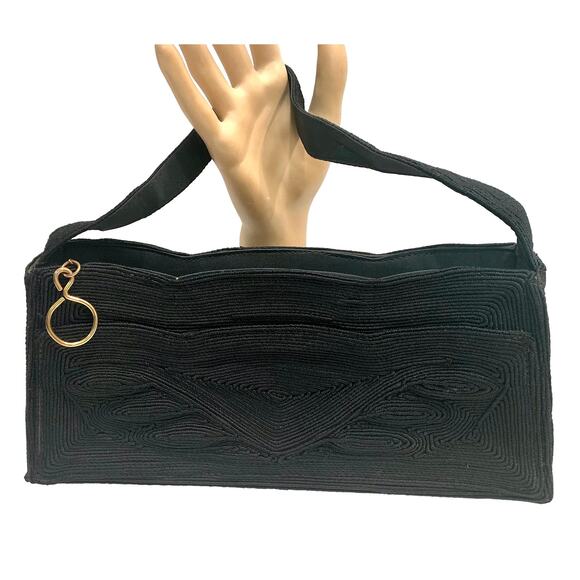 40s Black Cordé Purse | Retro Rockabilly Handbag - Picture 1 of 9